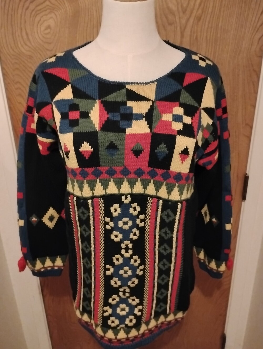 Mondi Vintage Sweater 1980s Woven Modern Black Geometric Knit Tassel Pullover